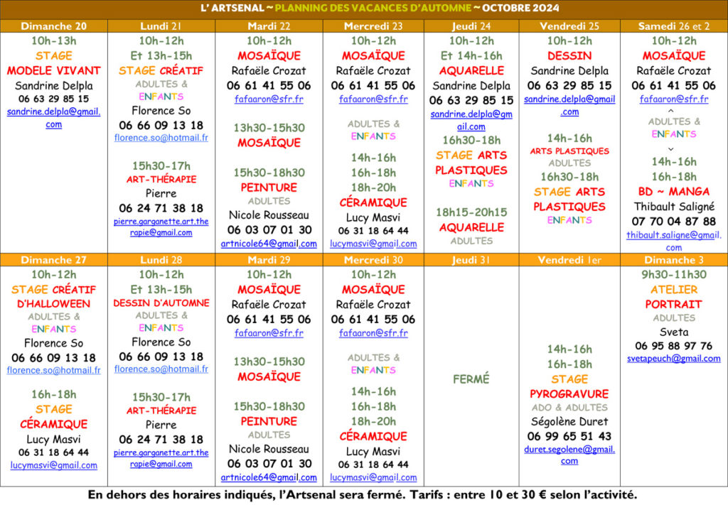 planning des vacances d'automne 2024